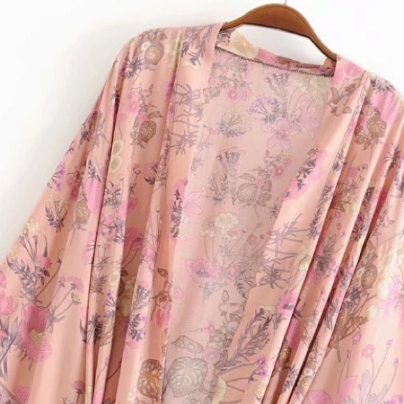 Pink Festival Bohemian Flower Floral Boho Printed Short Kimono Robe Tunic Wrap - Picture 2 of 14